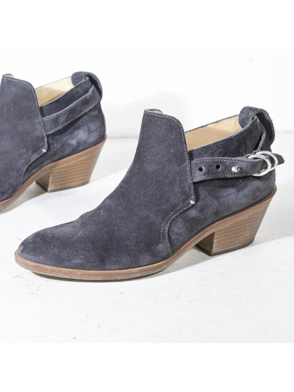 Rag & Bone Western Ankle Bootie Shootie Gray Suede Mid Block Heel Strap Detail M - Picture 2 of 7